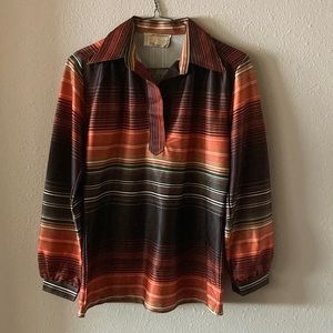 Vintage 1970’s Deep V Neck Pointed Collar Blouse Shiny Orange Brown Black Stripe
